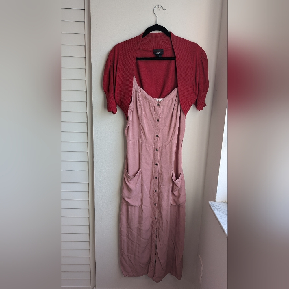 Pink Button Up Midi Dress And Red Shirtsleeve Cardigan Size Large